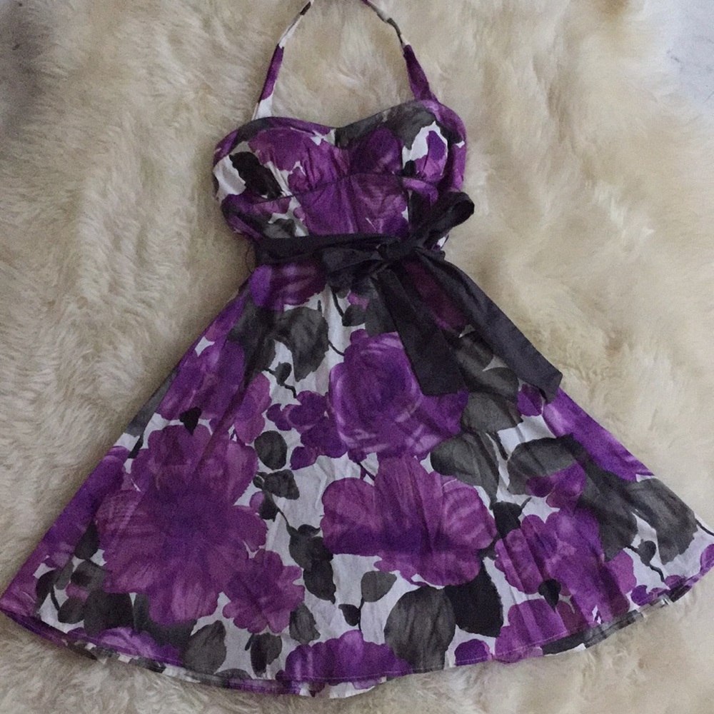 Purple Floral Halter Strap Dress